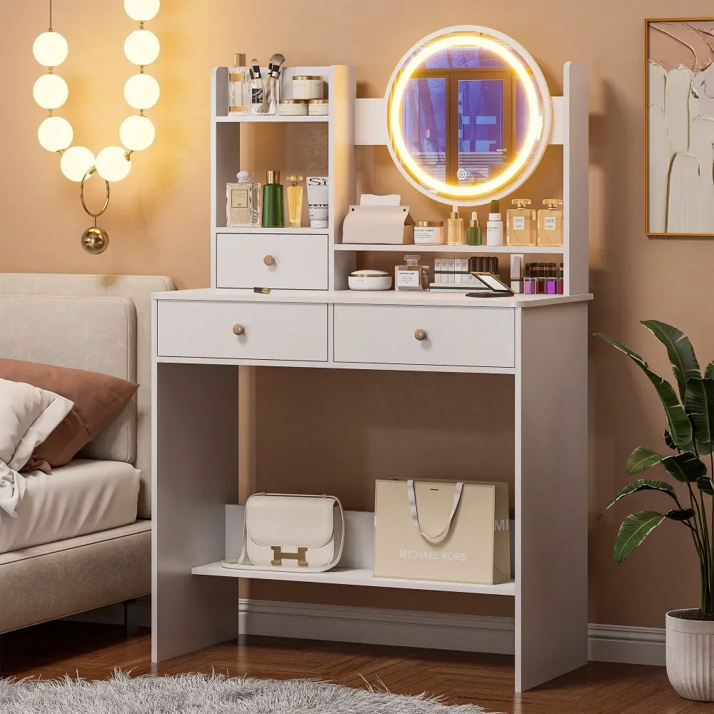 Desk With LED Lighted Mirror, Makeup Vanity Desk With 3 Drawers Storage Shelves, 3 Color Modes, Dressing Table For Bedroom