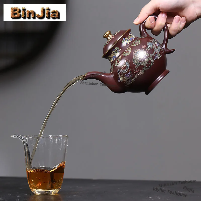450ml Zen Yixing Purple Clay Teapots Handmade Lucky Dragon Palace Lantern Pot Raw Ore Purple Mud Kettle Chinese Zisha Tea Set