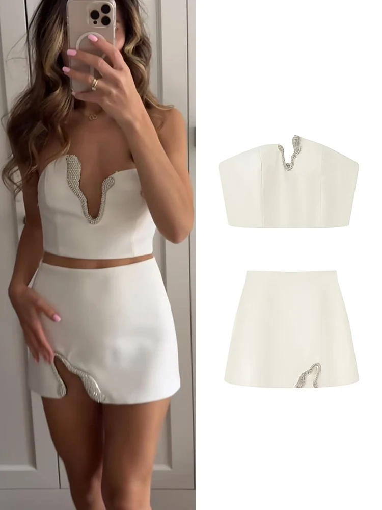 

TFMLN 2025 Women Shinny Rhinestone Mini Skirt Suit Sexy Sleeveless Strapless Short Top Elegant Slim Short Skirt Summer Clothes