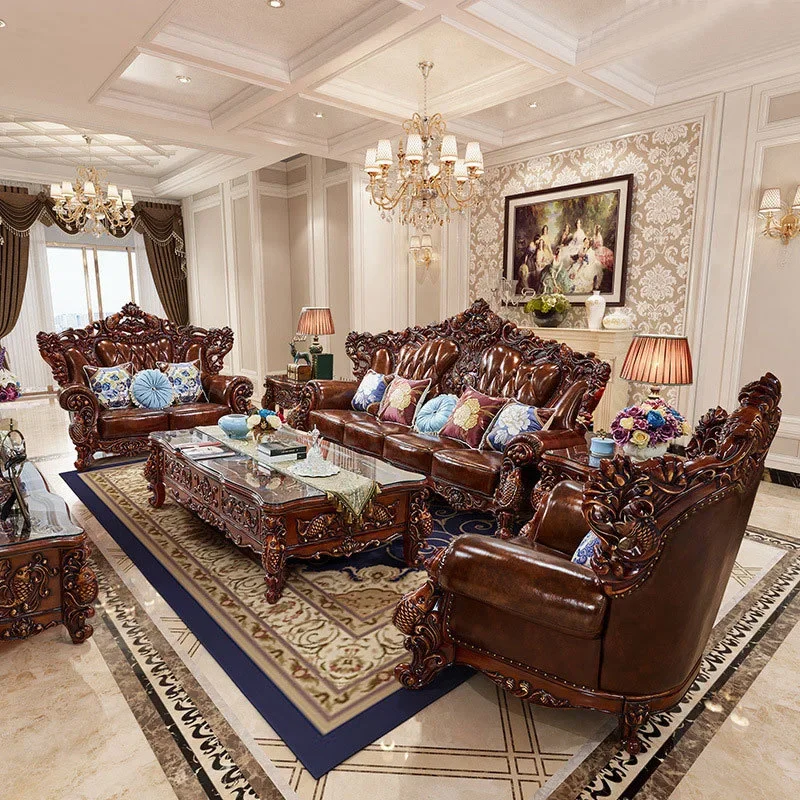 European leather sofa, living room luxury solid wood carving flower every year there are fish models first layer cowhide sofa