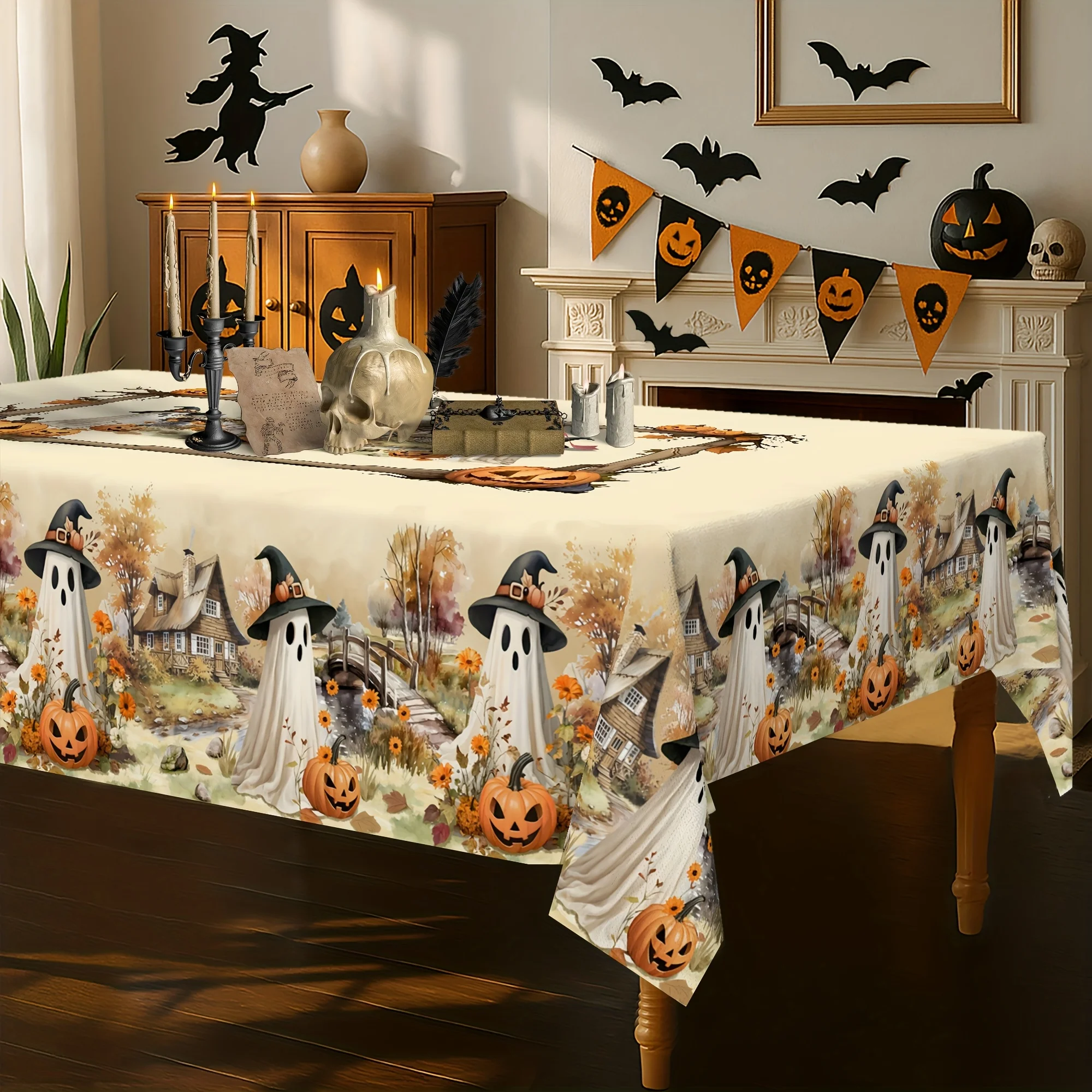 One tablecloth, featuring designs such as ghosts and pumpkins, which are typical of Halloween motifs.zyc