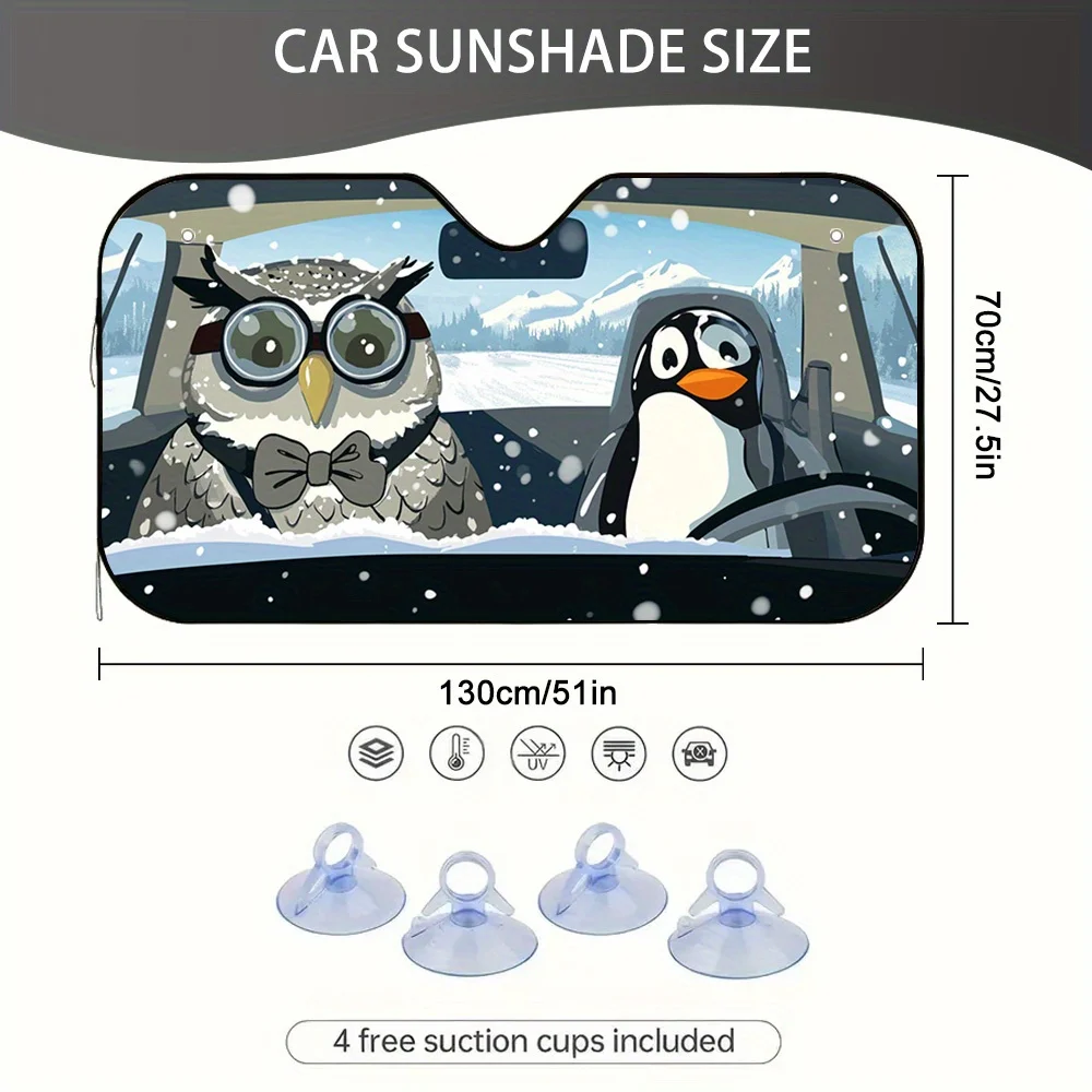 1pc Winter Road Trip Adventures Car Sun Visor With Owl & Penguin Design - Fit For All Vehicles, Durable & Stylish Dashboard Acce