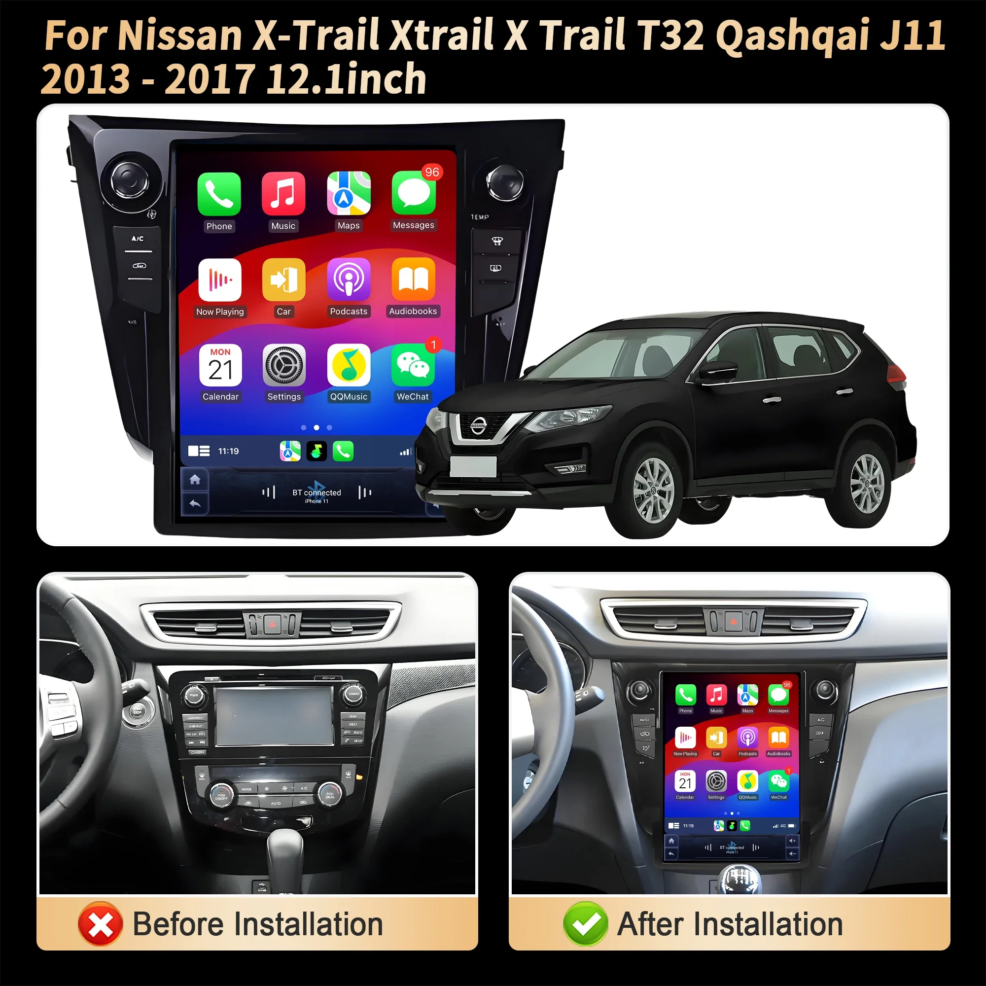 12.1 inch Android 14 Car Radio For Nissan X-Trail Xtrail X Trail T32 Qashqai J11 2013-2017 Wireless BT CarPlay Head Unit Screen