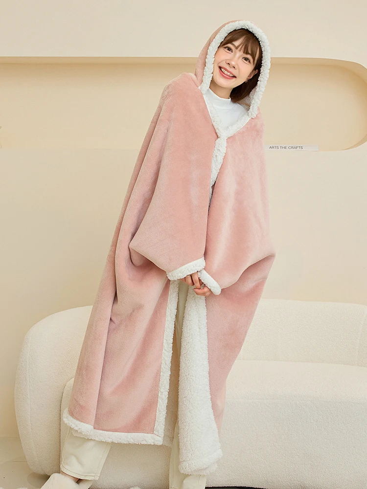 Thickened Double Layer Shoulder Wrap Blanket Warm Office Nap Blanket Wearable Coat Style Autumn Winter Women's Fashion Accessory
