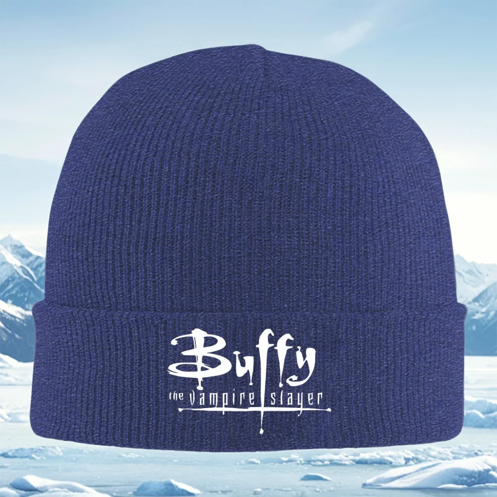 الأبيض بافي مصاص دماء القاتل شعار على الرجال السود النساء للجنسين محبوك قبعة قبعة صغيرة البلوز قبعة الشتاء الحرارية الدافئة عيد الميلاد في الهواء الطلق