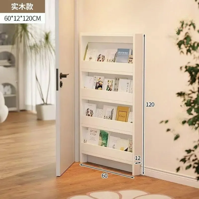 Solid wood with door ultra-thin storage cabinet, bookshelf behind door, extremely narrow shelf without punching, ultra-thin stor