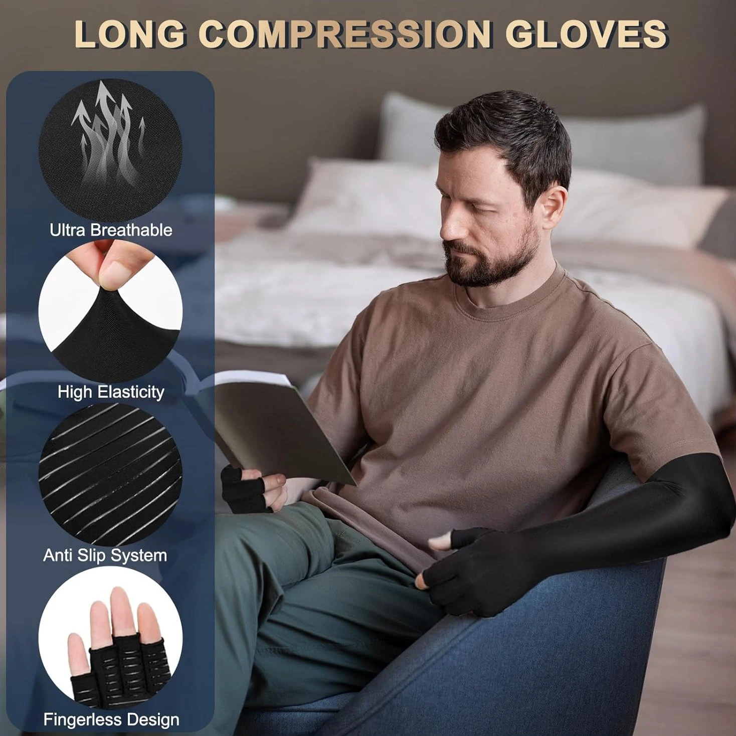 Long Copper Compression Arthritis Gloves for Women&Men,Medical Arm&Hand,Fingerless Pressuse Gloves,for Carpal Tunnel,Lymphedema