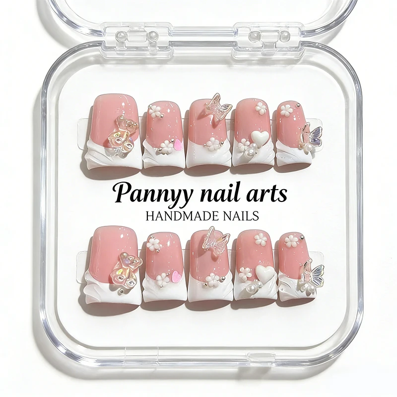 

10 шт., ручная работа, Y2K, сладкий пресс на ногтях, квадратная форма, розовая основа, накладные ногти с 3D-бабочкой/сердцем/цветочными подвесками, накладные типсы для ногтей