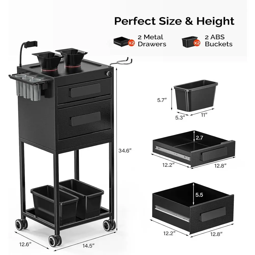عربة صالون مصفف الشعر الأسود مع أدراج قابلة للقفل وعربة وشم تتميز بوعاءين مغناطيسيين وسلال تخزين للتجميل #6