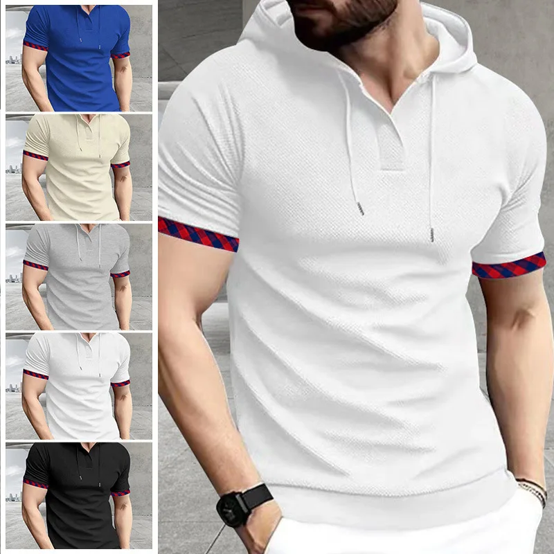 Men's Waffle Knit Hooded Polo T‑Shirt Short Sleeve Drawstring Hood Plaid Contrast Cuff Casual Tops