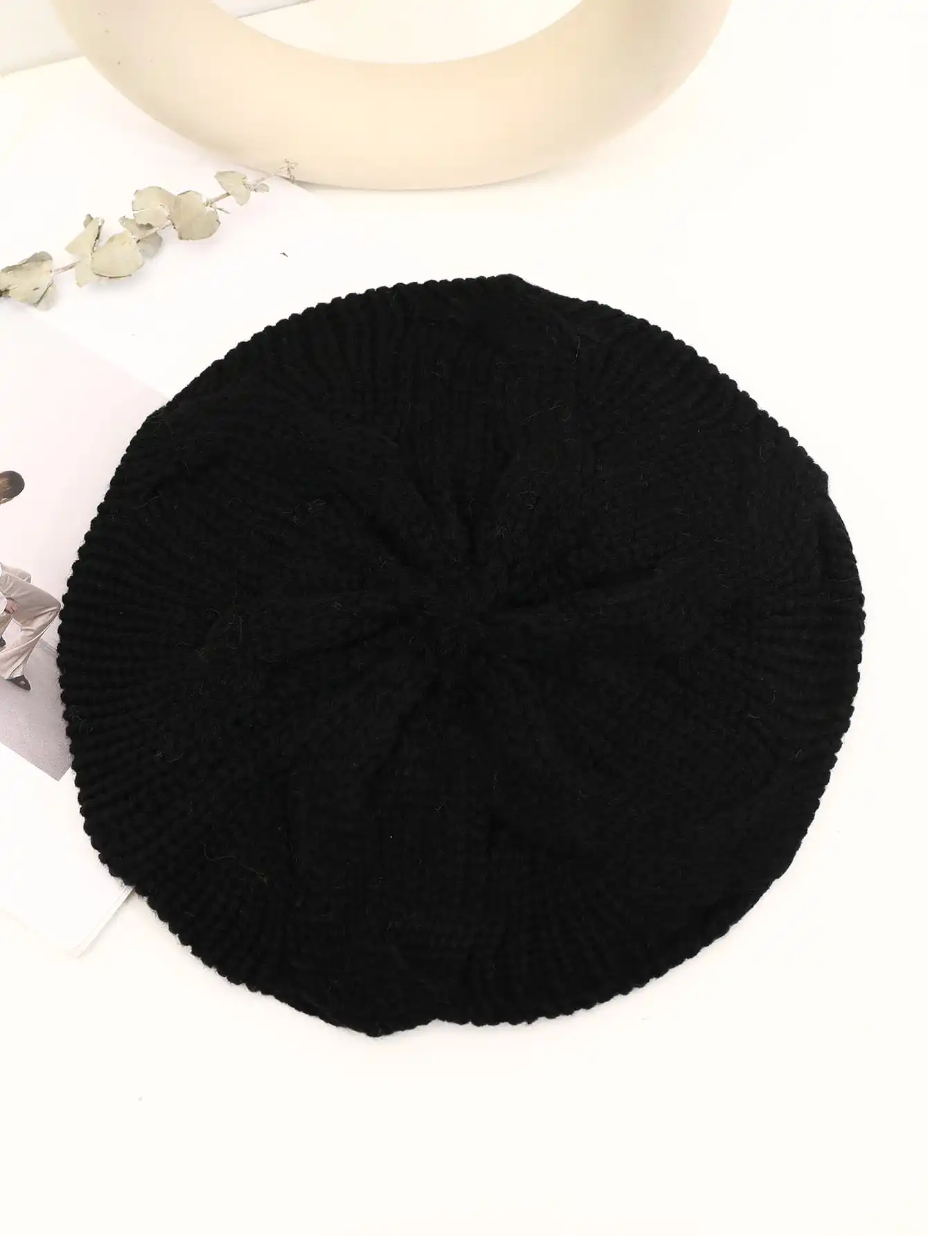 1Pc Black Solid Color Knitted Oversized Berets Lightweight Elastic Beanies Elegant Textured Beret Hats Coldproof Knit Hats For Women Autumn & Winter,School，sc2112298005658315