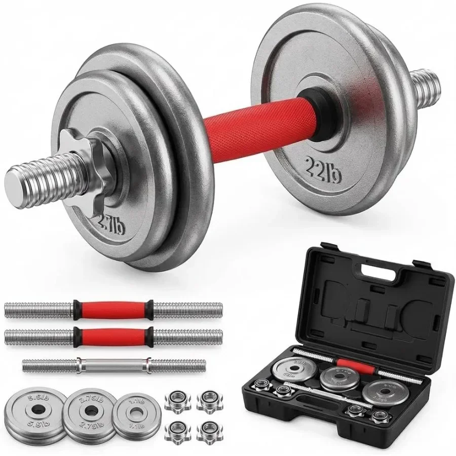 Adjustable Dumbbell Set 44lbs 2-in-1 Home Gym Cast Iron Barbell Dumbbell Kit with Carry Box, Stainless Steel Handles, 12 Weight