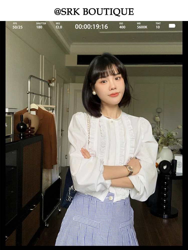 

SRK Faion White Slim Fit irt Floral Trim Splice ort Design Spring Autumn Sli Slimming French Sle Women's Blouse