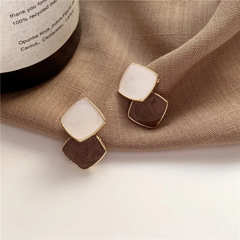 Enamel Rhombus Stud Earrings for Women Gold Plated Geometric Resin Marble Drop Earring Minimalist Sweet Daily Wear Jewelry Gift