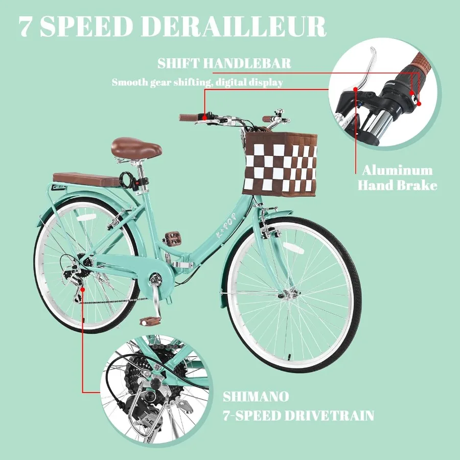 دراجة كروزر للشاطئ قابلة للطي للنساء مقاس 24/26 بوصة 7 سرعات للتنقل مع سلة خفيفة الوزن للبالغين والنساء لشركة City Co #2