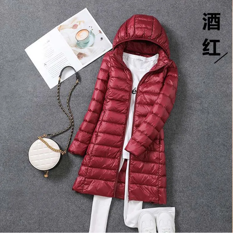 Women's Extra Long Down Casual Daily Coat, Ultra Lightweight Packable Puffer Jacket, Hooded Warm White Duck Down Parka