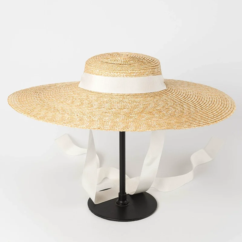Straw summer hat15cm brim white ribbon French elegant ladies seaside travel sun hat Hepburn style wide brim hat  sombrero de paj