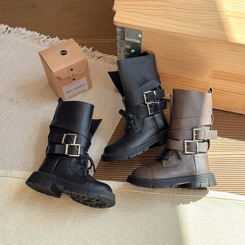 

Belt Buckle British Style Girl's Leather Boots 2025 Autumn and Winter New Korean Version Children's Thin Velvet Boots