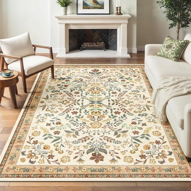 Bohemian Style Retro Flower Living Room Carpet Foldable Machine Washable Restaurant Coffee Table Non-slip Floor Mat Bedroom Rug