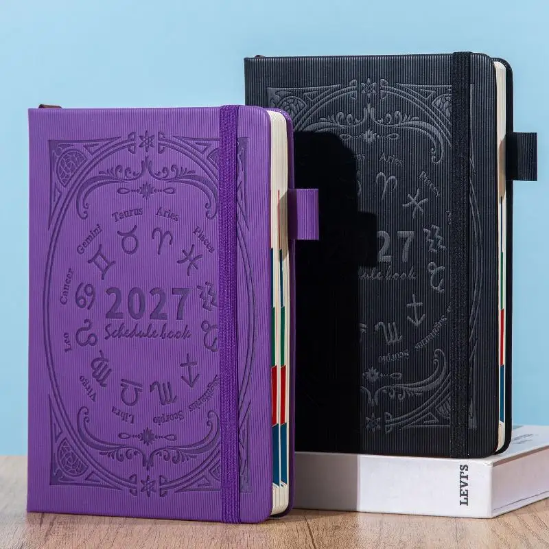 New 2027 Zodiac Pattern Embossed Planner Notebook With Elastic Strap Pen Loop For Daily Schedule Office Study