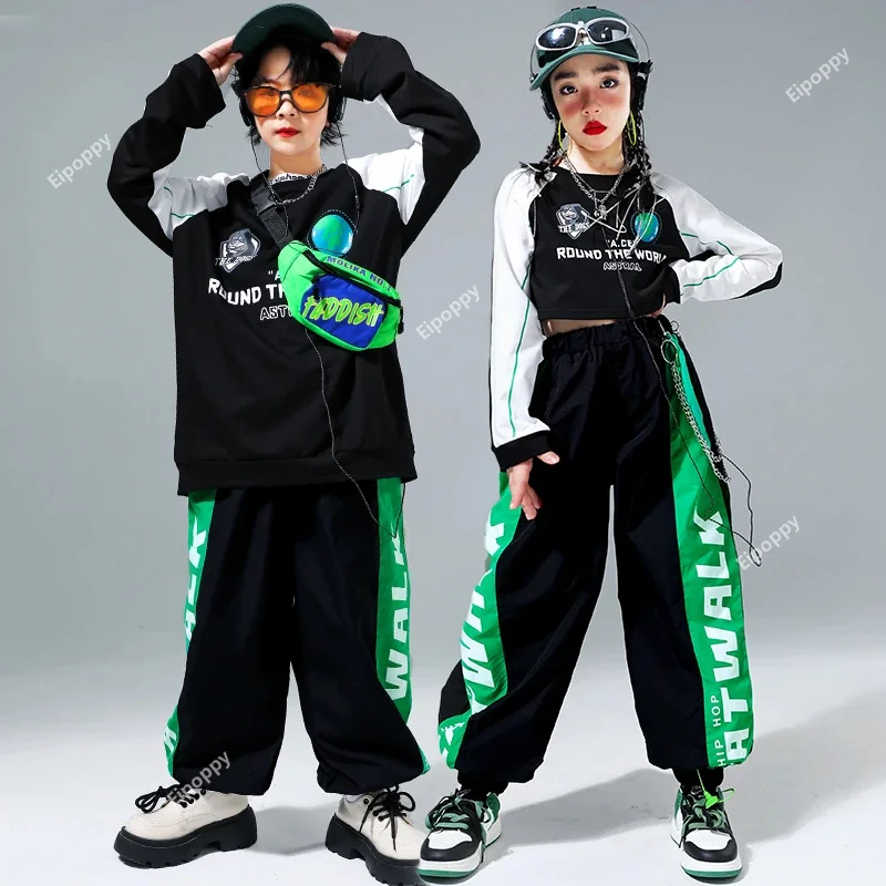 

Boys Hip Hop Contrast Sweatshirt Street Dance Pants Girls Cool Crop Top Streetwear Joggers Child Clothes Sets Kids Jazz Costumes