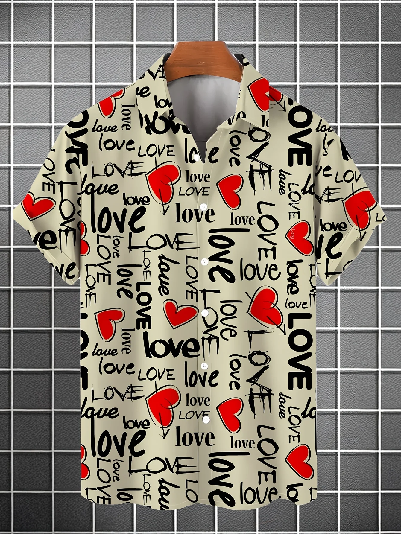 Men's Casual Summer Shirt with 3D Romantic Heart Print and Short Sleeve Lapel Neckline