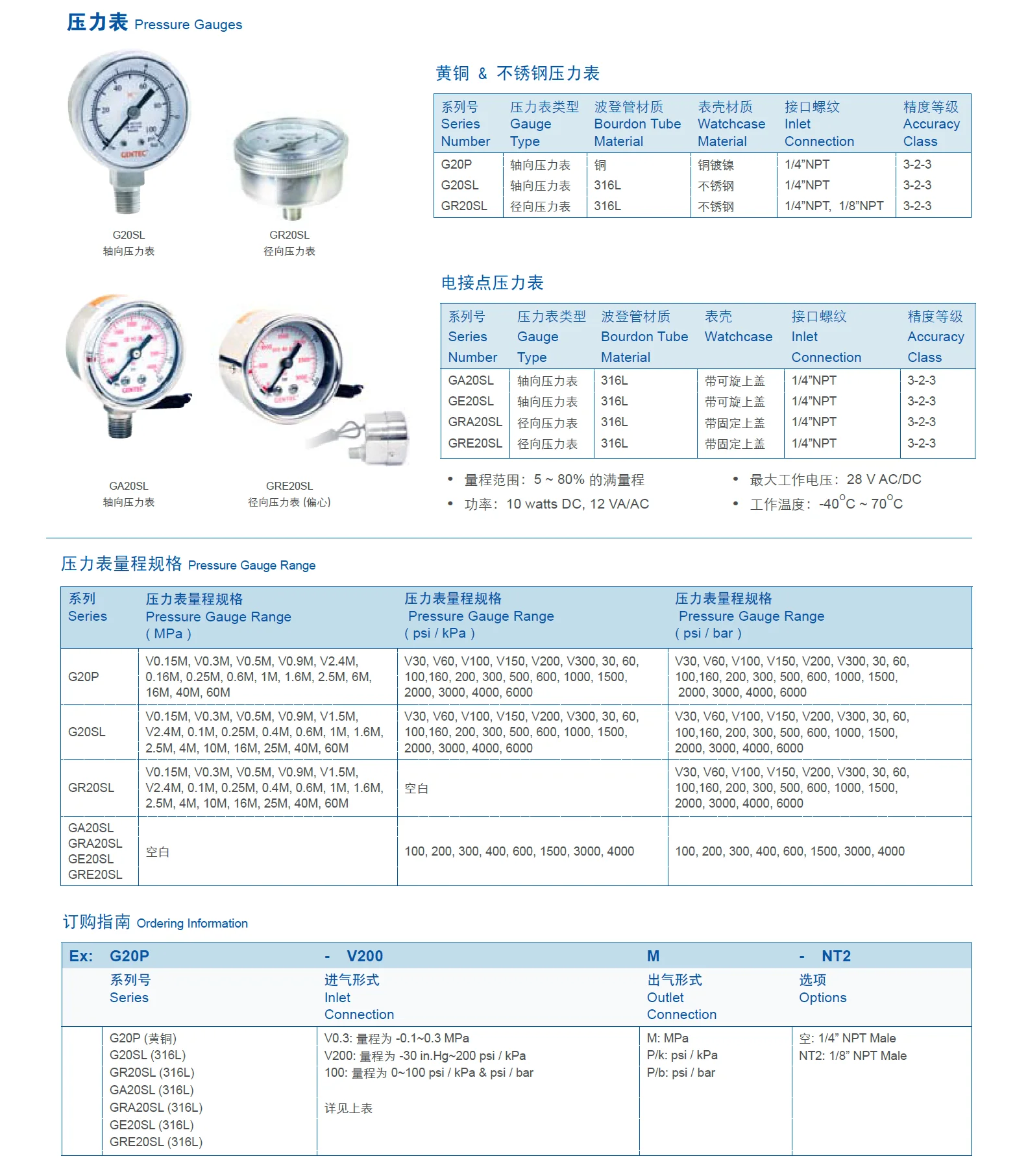 Stainless Steel Pressure Gauge G20SL Series Stainless Steel Pressure Gauges