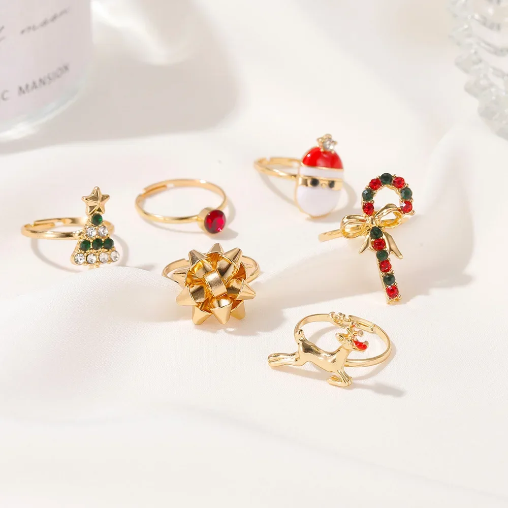 FANYIN 6-PCS/Set Christmas Ring for Women Exquisite Zircon Inlaid Adjustable Ring Set Gold Glazed Finger Holiday Party Jewelry