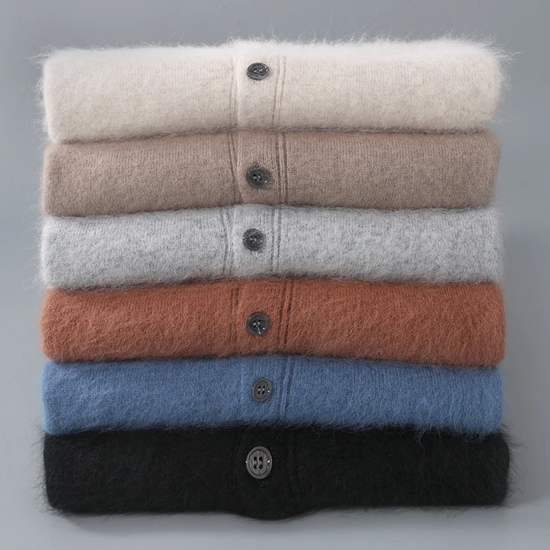 Autumn/Winter New Cardigan Men\'s Polo Top 100% Mink Cashmere Knitted Sweater Business Casual Loose Size Long Sleeve Shirt Jacket