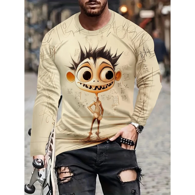 Cute Abstract Monster Pattern T-Shirt For Men Cool Skull 3D Print T Shirts Autumn Casual Loose Round Neck Tops Tees Long Sleeves