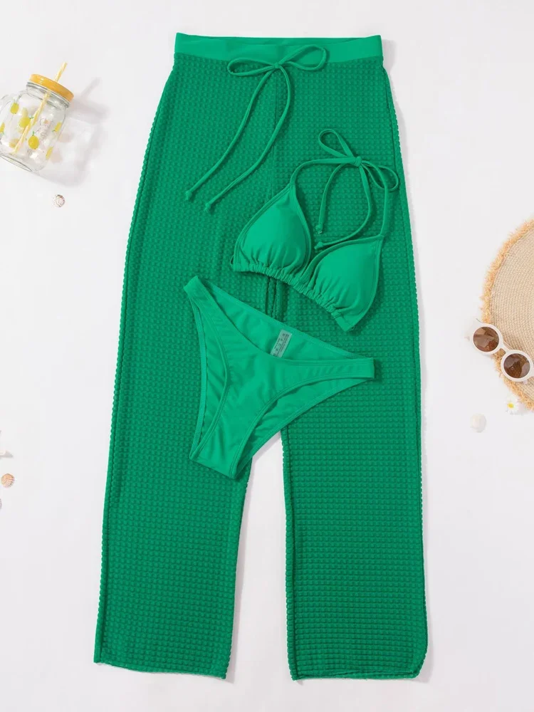 VigoBreviya-Conjunto de Bikini liso de 3 piezas con pantalones de cintura alta para mujer, traje de baño Sexy con cuello Halter y realce, traje de baño para playa de verano 2025