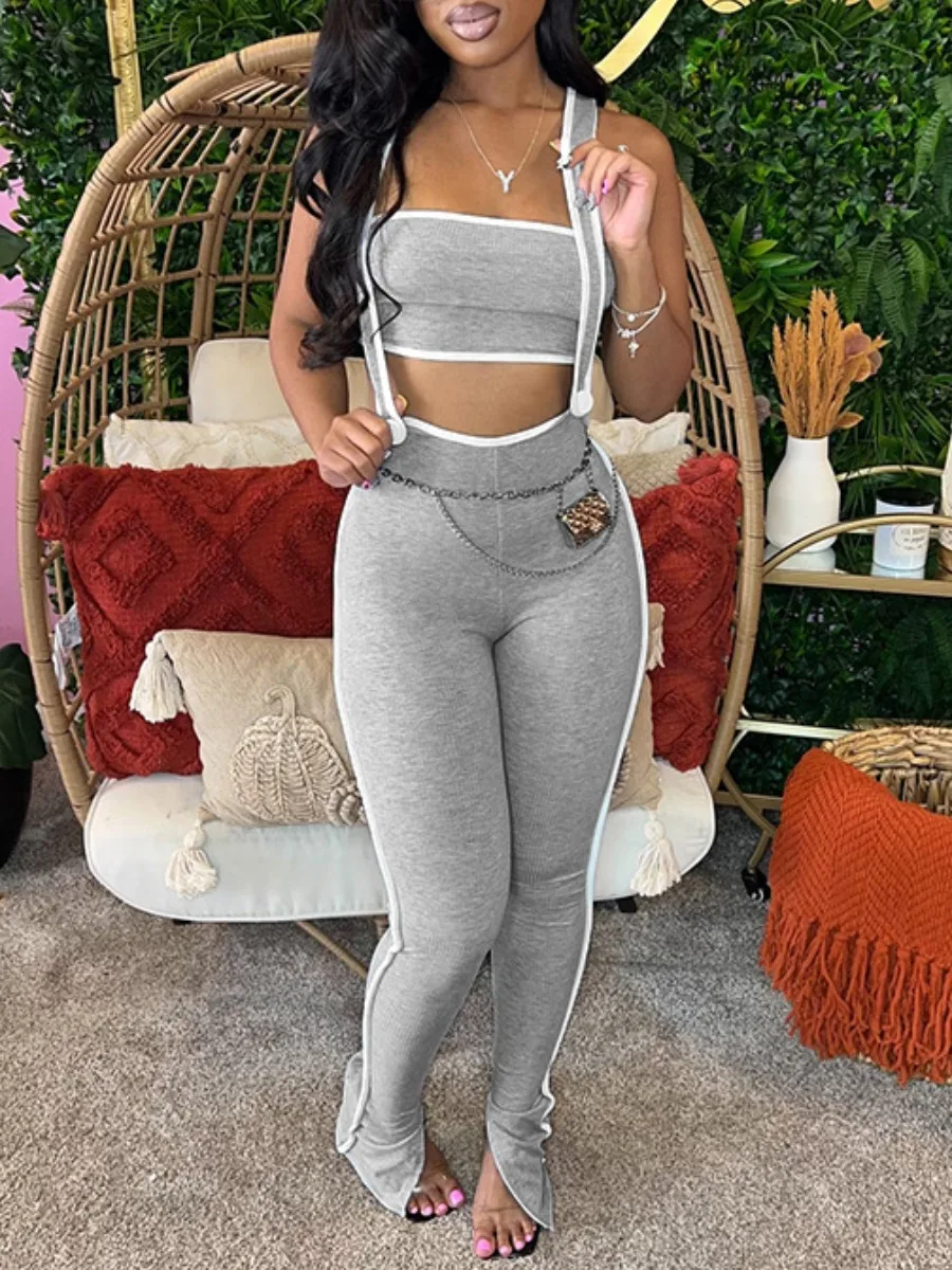 

LW Striped Overall Pants Set solid sleeveless Tube Top + skinny pants sets with aiguillette casual Fashion women's clothing