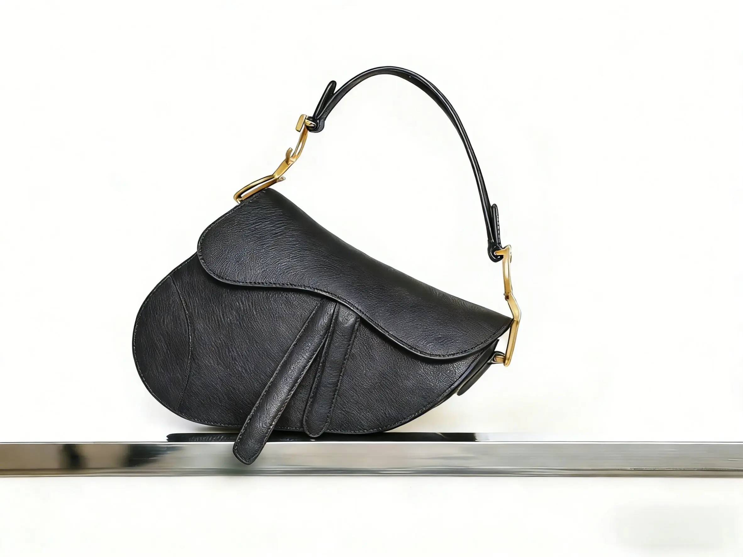 

Black Leather Saddle Bag with Gold Hardware, Top-Handle Shoulder Purse, Luxury Designer Inspired Women's Handbag Brand Bag.