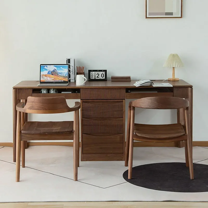 Nordic all solid wood black walnut desk modern simple log double computer bookcase integrated wall computer desk