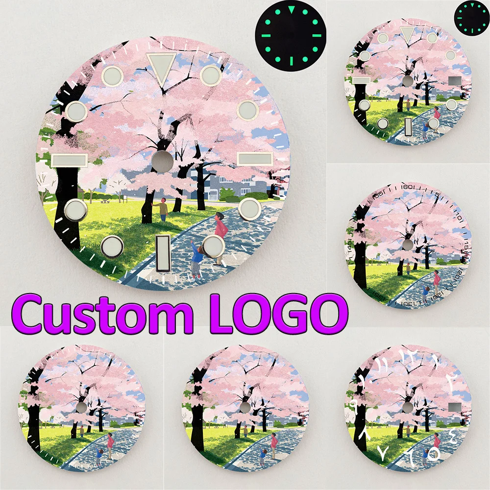 28.5mm NH35 Dial Creative Cherry Blossom Scenery Dial Luminous NH36 Dial Watch Accessories Fits NH35/NH36 Movements Custom LOGO