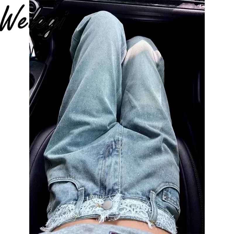 Streetwear Lace Stitching Wide Leg Jeans Woman 2024 Summer New Cargo Women\'s High Waisted Jeans High Waist Straight Denim Pants