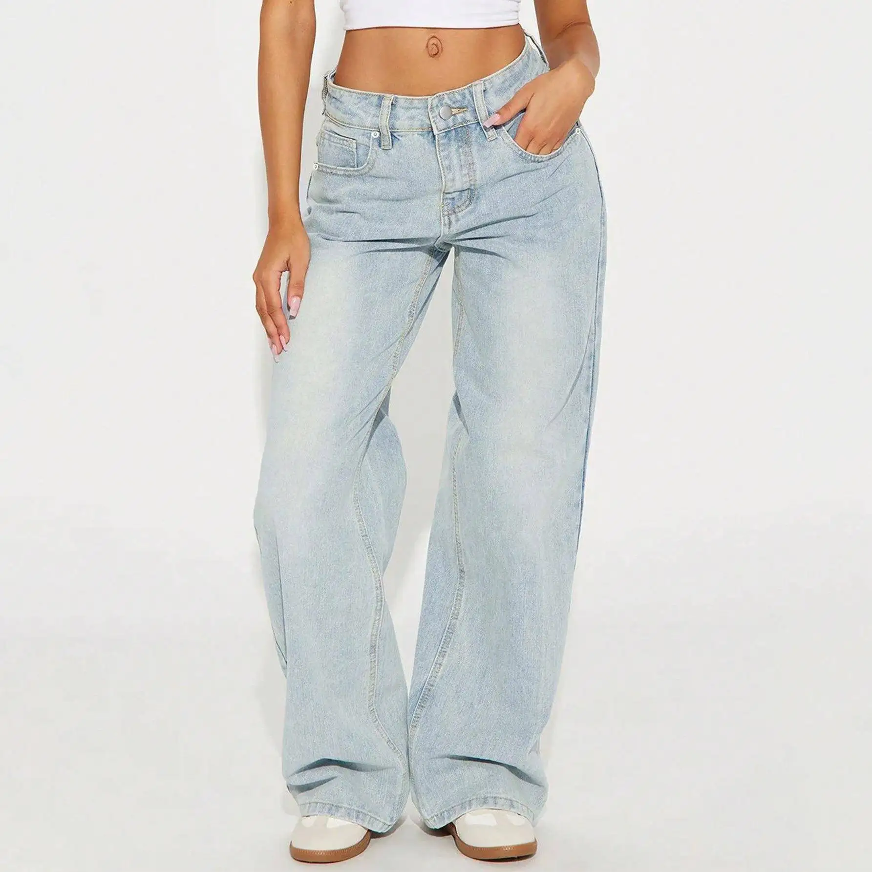 

Women's Loose Wide Leg Straight Casual Floor-Length Jeans Versatile Comfortable Cotton Natural Waist Blue Color