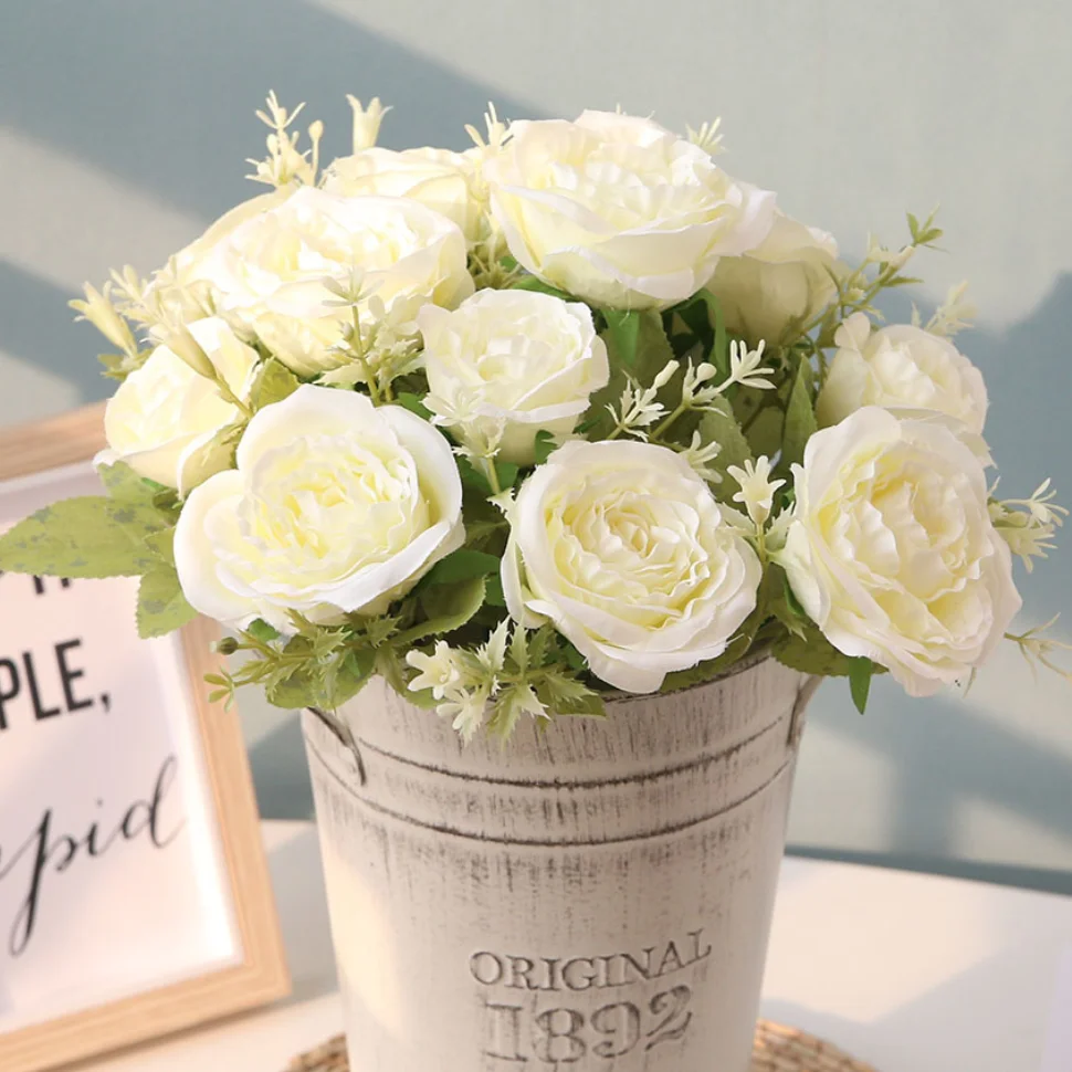 

12 Heads Artificial Rose Flower Bouquet Wedding Decoration Silk Fake Flower Home Living Room Diner Table Decor Photo Props