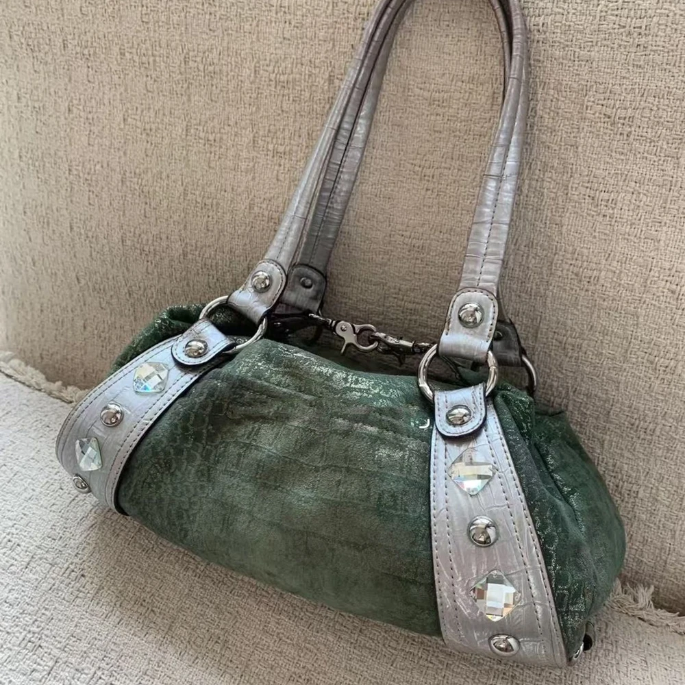 Y2k Punk Style Shoulder Bag Vintage Patchwork Large-capacity Underarm Bag Rivet Diamond Decor Women's Fashion Commuter Handbag