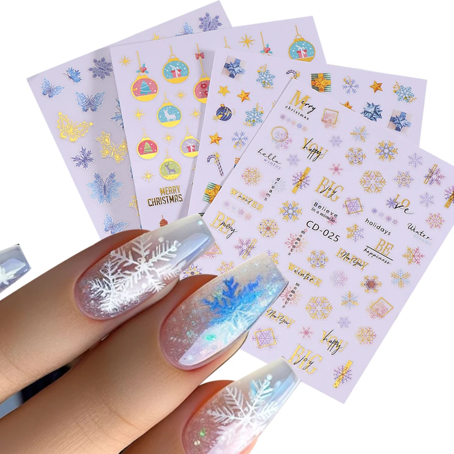 

3D Christmas Gold Snowflake Nail Sticker Snowman Santa Claus Ball Flower DIY Slider Decal Salon Manicure Art Accessories Tool