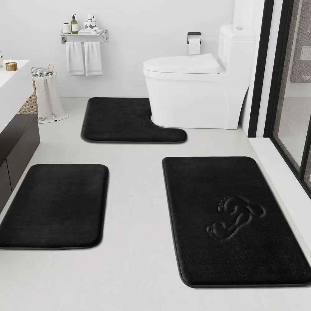 

3-Piece Non-Slip Bath Mat Set, Quick-Dry Velvet Rugs for Bathroom, Toilet, Shower, Black