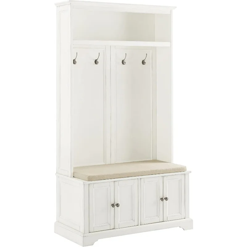 Holbrook Hall Tree with Shoe Rack Bench and Coat Hooks for Hanging Storage, Distressed White