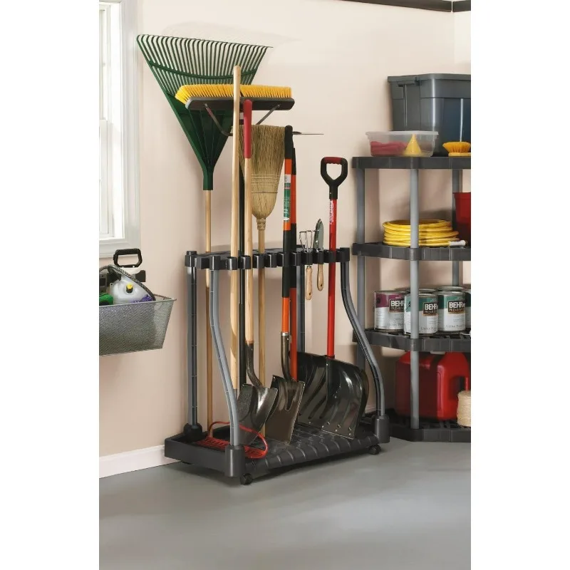 Garage Tool Tower Rack, Easy to Assemble, Wheeled, Organizes up to 40 Long-Handled Tools/Rakes/ Brooms/Shovles in Home/House