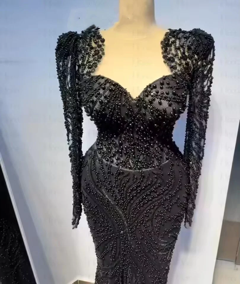 

Gorgeous Black Evening Dresses Major Beading Pearls Women Formal Party Gows Long Sleeves Mermaid Rich Met Gala Customized