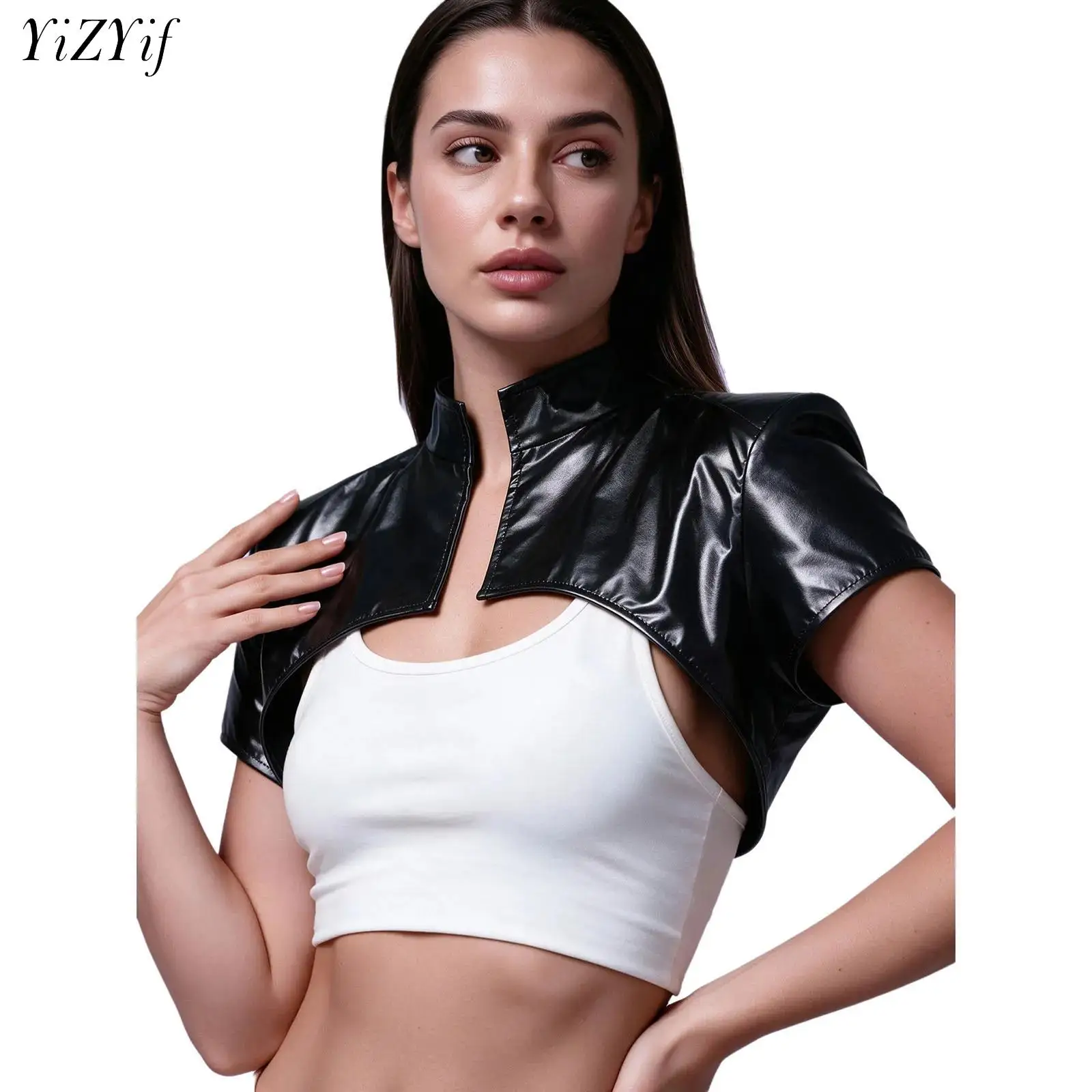 Women Metallic Crop Top Shoulder Pad Armor Short Sleeve Stand Collar Open Front Bolero Jacket Rave Party Clubwear Streetwear