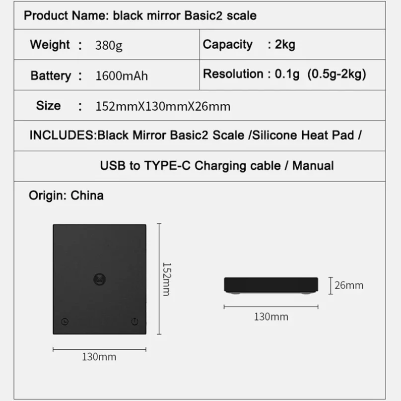 Basic 2 Black Mirror Pour Over Coffee Scale flow rate display Auto Timer digit Kitchen Food scale espresso 0.1g/2kg