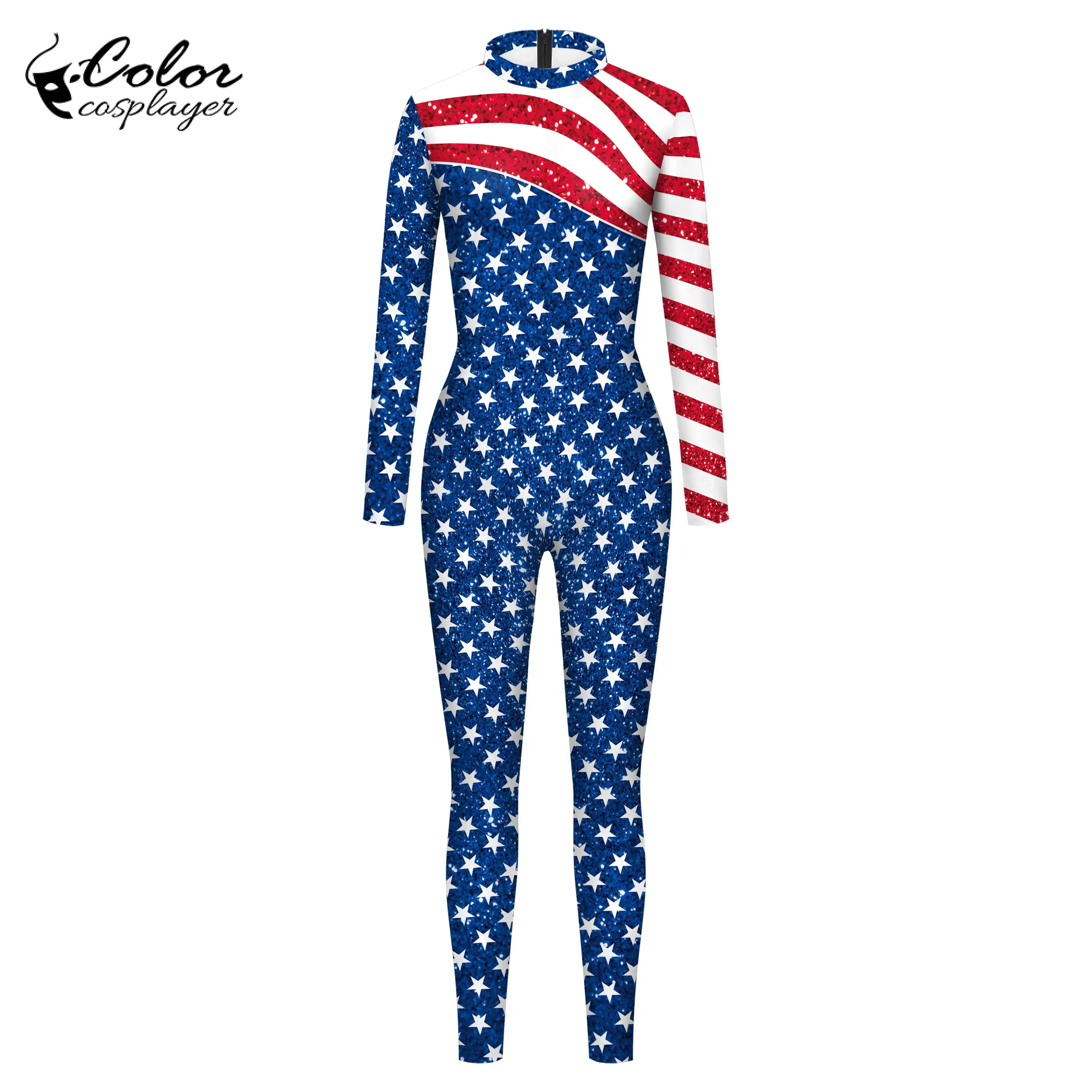 Color Cosplayer Carnival Jumpsuit Independence Day Flag Pattern Bodysuit Long Sleeve Catsuit Halloween Party Cosplay Costume