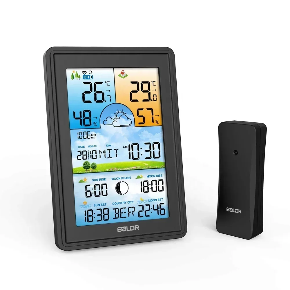 

NEW BALDR B0360 Digital Wireless Weather Station Temperature Humidity Sensor Colorful LCD Indoor outdoor Weather Forecast Stati
