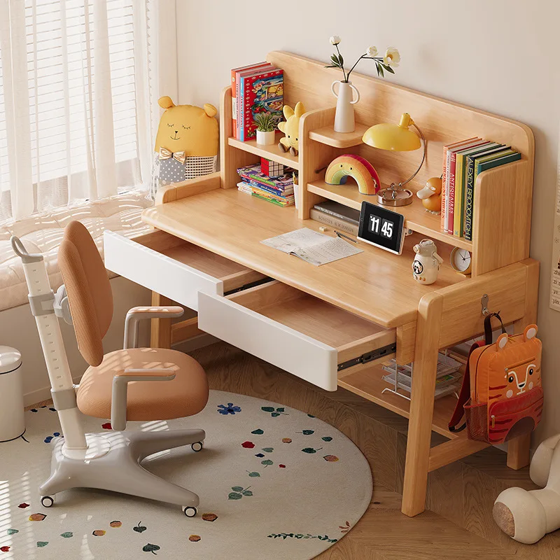 Children's study table Solid wood can be lifted and lowered primary and secondary school students' desks bookshelves