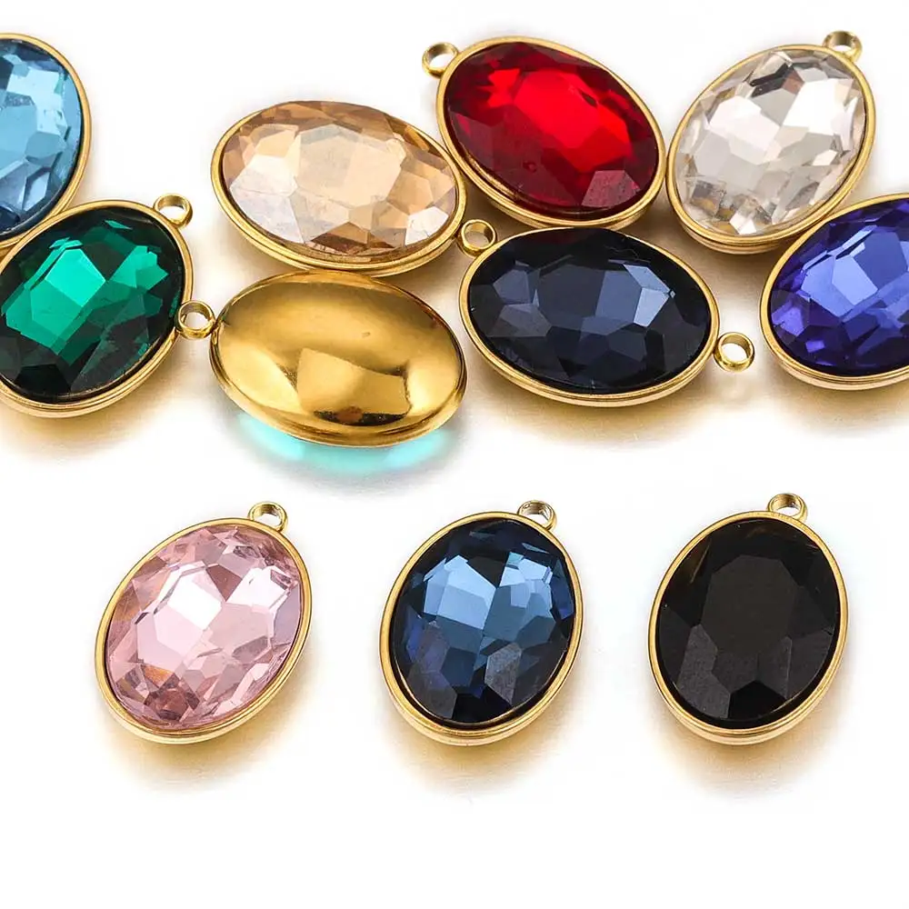 5pcs Stainless Steel Metal Multicolor Glass Oval Charm DIY Necklace Bracelet Earrings Jewelry Making Supplies Finding Wholesale